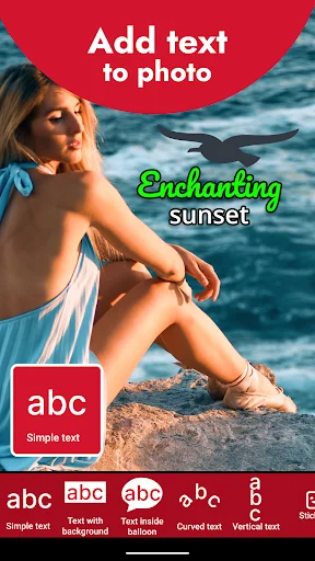 Add Text on Photo app main screen with text overlay options and beach photo example