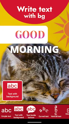 Add Text on Photo app text background editor with Good Morning greeting on cat image