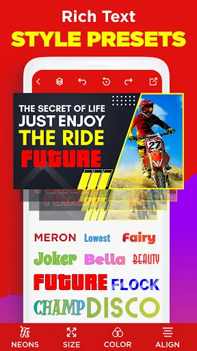 Thumbnail Maker app showing Rich Text Style Presets feature with colorful font styling options like Neons, Joker, and Bella for designing YouTube thumbnails and channel art