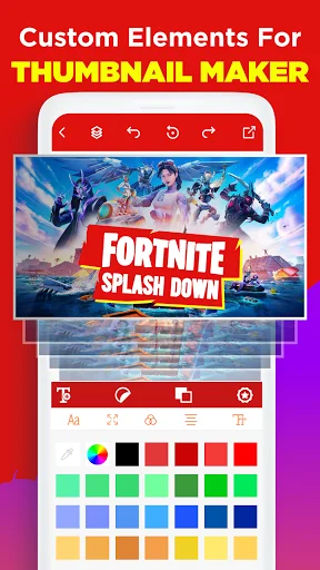 Custom Elements panel in Thumbnail Maker displaying a Fortnite gaming thumbnail design with color palette tool for selecting and applying colors to design elements