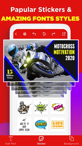 Popular Stickers and Fonts feature displaying motocross gaming thumbnail with various sticker options including action words and comic effects for custom designs