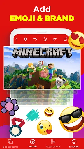 Emoji and Brand customization in Thumbnail Maker showing Minecraft gaming thumbnail with emoji stickers and brand logos available for adding to channel art designs