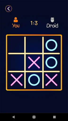 Tic tac toe glow game 3x3 board with neon X and O symbols, score 1:3 You vs Droid AI opponent