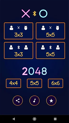 Tic tac toe game mode menu with 3x3 5x5 board options, Bluetooth multiplayer, and 2048 puzzle selection