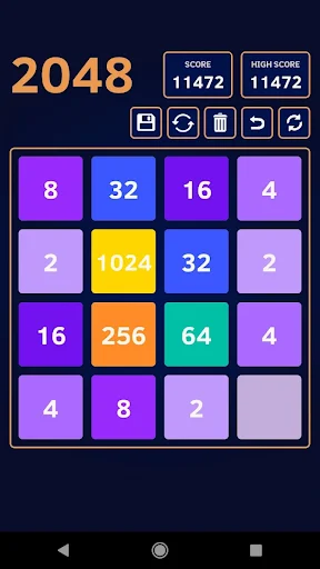 2048 puzzle game 4x4 grid with numbered tiles, score 11472, featuring colorful merge tile gameplay