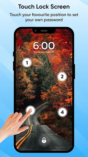 Touch Lock Screen app showing photo password setup with numbered touch points on autumn road background