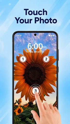 Touch your photo lock screen with sunflower background, numbered points for custom phone security password