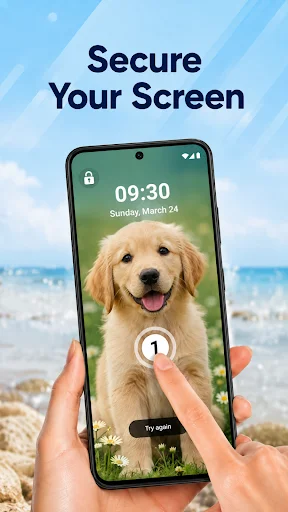 Secure your screen with golden retriever background, lock icon, and security message for phone protection