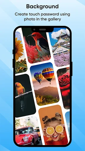 Background customization gallery showing photo options for touch password lock screen personalization