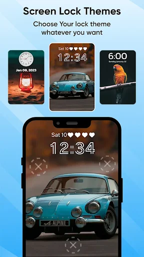 Screen lock themes selection displaying customizable lock screen designs with vintage car and nature images