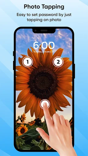 Photo tapping password feature with sunflower background demonstrating touch point security setup