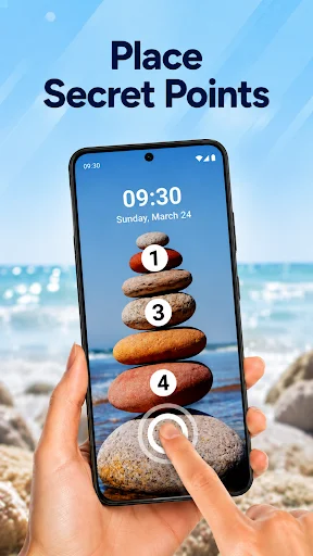 Place Secret Points lock screen with stacked stones on beach, numbered touch points for phone password security