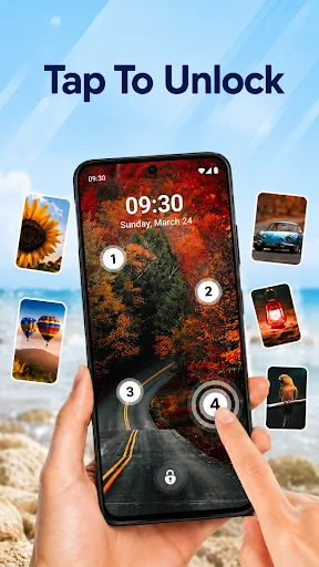 Tap to unlock with forest background, numbered points, and photo gallery options to customize lock screen