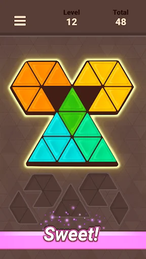 Level 12 of 48: Triangle Tangram completed puzzle with orange, yellow, cyan, and green triangular pieces forming two connected hexagonal shapes