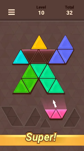 Level 10 of 32: Triangle Tangram puzzle game featuring multiple colored triangle pieces arranged in various geometric patterns with progress indicators