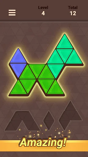 Tangram puzzle level 4 with completed abstract shape made of glowing blue, green, cyan triangle pieces