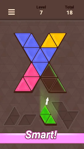 Triangle tangram puzzle level 7 featuring blue, yellow, pink triangles with next green placement piece indicated
