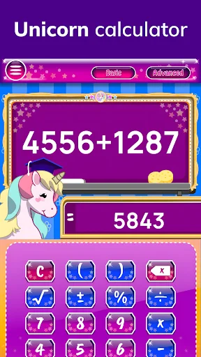 Unicorn Calculator app showing addition 4556+1287=5843 with purple themed interface and numeric keypad