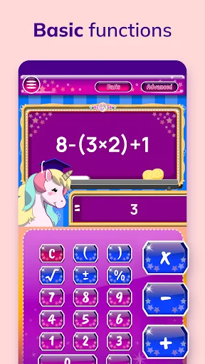 Basic functions mode in Unicorn Calculator displaying 8-(3×2)+1=3 with standard arithmetic operations