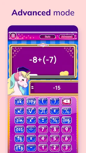 Advanced mode with scientific functions showing -8+(-7)=-15 calculation in purple unicorn themed calculator