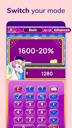 Mode switching capability showing percentage operation 1600-20%=1280 in unicorn themed calculator app