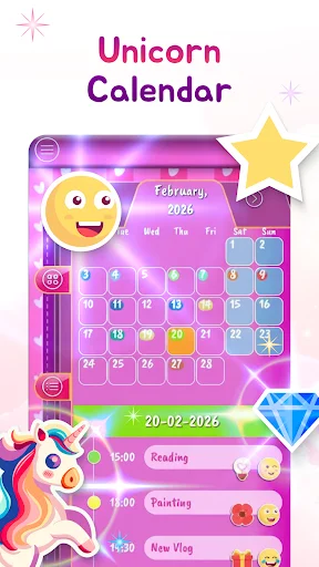Unicorn Calendar February 2026 view with colorful emoticon stickers, purple calendar grid, and daily schedule showing reading, painting, and vlog tasks