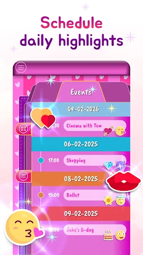 Daily schedule highlights showing multiple events with dates, times, emoticons, and tasks like cinema, shopping, ballet, and birthday celebrations