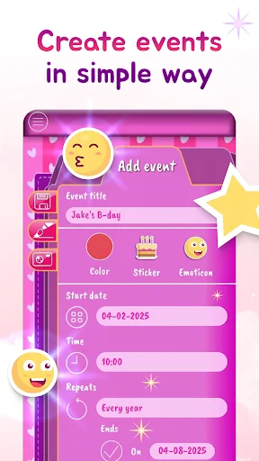 Event creation form with add event interface featuring title field, color picker, sticker selection, emoticon options, date, time, and yearly repeat settings