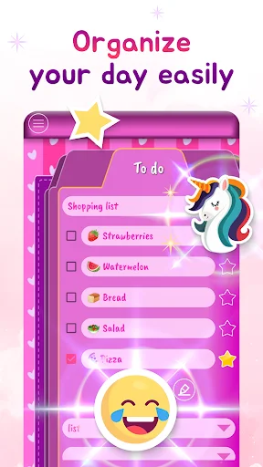 To-do list organizer showing shopping items with checkboxes and star favorites, displaying Strawberries, Watermelon, Bread, and Salad tasks to track
