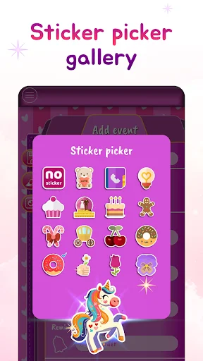 Sticker picker gallery with diverse emoticon and decorative sticker options in colorful purple grid layout for calendar customization and personalization