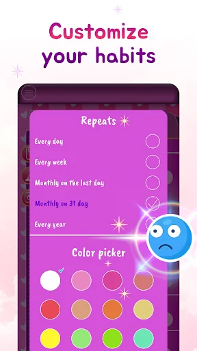 Repeat and color customization settings for habits showing frequency options including daily, weekly, monthly, and yearly repeats with rainbow color palette picker