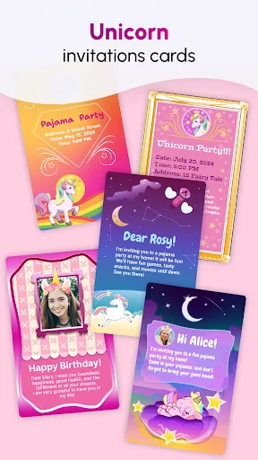 Unicorn Invitations Cards app displaying collection of colorful unicorn-themed birthday invitation cards