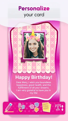 Personalize unicorn birthday card with photo upload and editing tools including stickers and text options