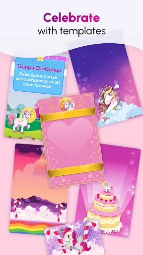 Celebrate with unicorn templates - variety of birthday card designs featuring unicorns, cakes, and rainbows
