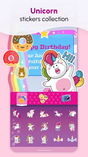 Unicorn stickers collection panel showing decorative unicorn emoji and rainbow sticker options for cards