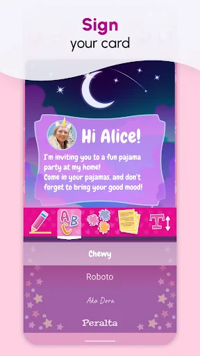Sign your card screen with font selection menu - personalize unicorn invitation with custom text styles
