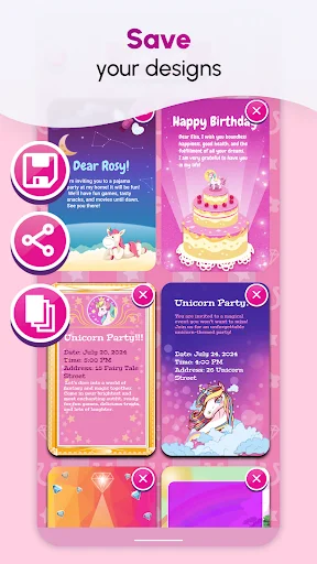 Save your designs gallery showing multiple created unicorn birthday cards and party invitations