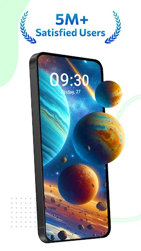 Smartphone with 5M+ satisfied users badge displaying stunning 4K space planet wallpaper with time 09:30 shown on lock screen
