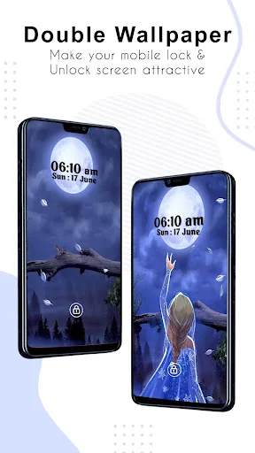 Double wallpaper feature showing two phones with matching blue aesthetic bird feather design wallpapers