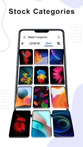 Stock categories grid displaying 12 colorful HD background thumbnails with diverse artistic design styles