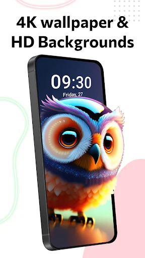 4K wallpaper app interface featuring colorful 3D owl wallpaper with artistic design on phone displaying 09:30 time