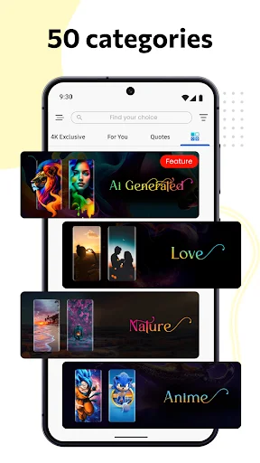 App screen showing 50 wallpaper categories including AI Generated, Love, Nature, and Anime personalization options