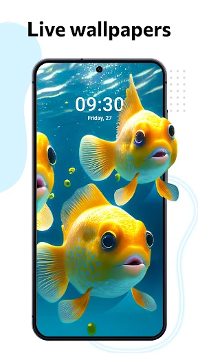 Live wallpaper feature displaying animated golden fish with interactive motion effects on smartphone home screen
