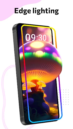 Edge lighting feature showing neon RGB border effects surrounding vibrant abstract sunset wallpaper design