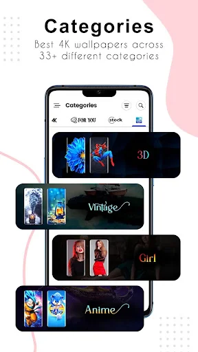 Categories browsing interface with wallpaper collection options including 3D, Vintage, Girl, and Anime styles