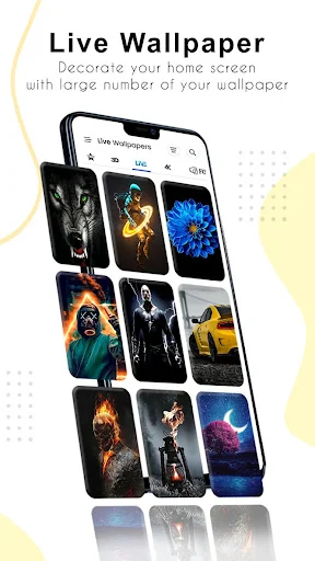 Live wallpaper gallery with 9 animated wallpapers featuring neon effects, particle animations, and interactive designs