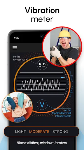 Vibration Meter app main screen showing real-time seismic reading of 5.9 with waveform graph and intensity levels