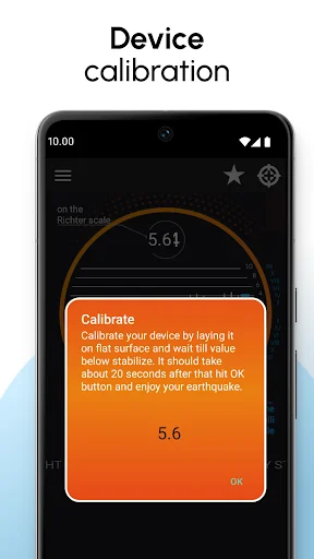 Device calibration screen for Vibration Meter app with setup instructions and measurement adjustment dialog