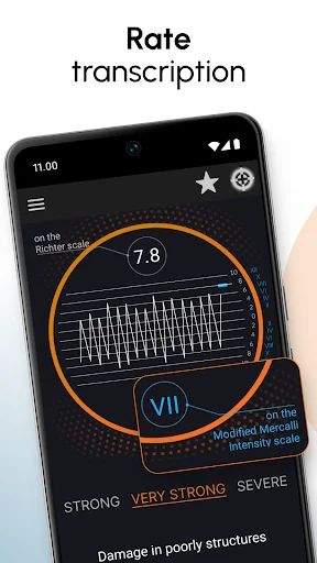 Vibration detector showing 7.8 reading with Roman numeral VII intensity and very strong earthquake classification