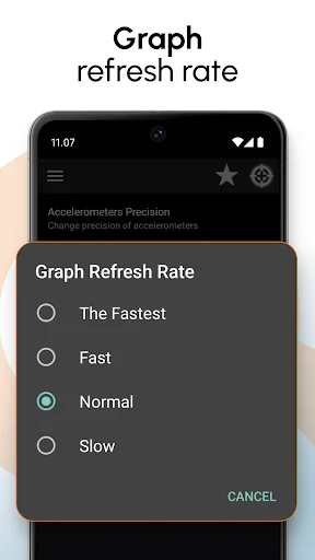 Graph refresh rate settings menu for vibration measurement with normal speed option selected